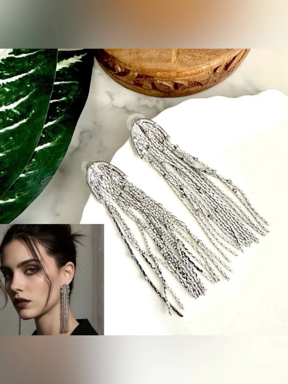 2/$30🌵 Long Arch Tassel Crystal Rhinestone Earrings Silver Tone Dangle Gift NEW